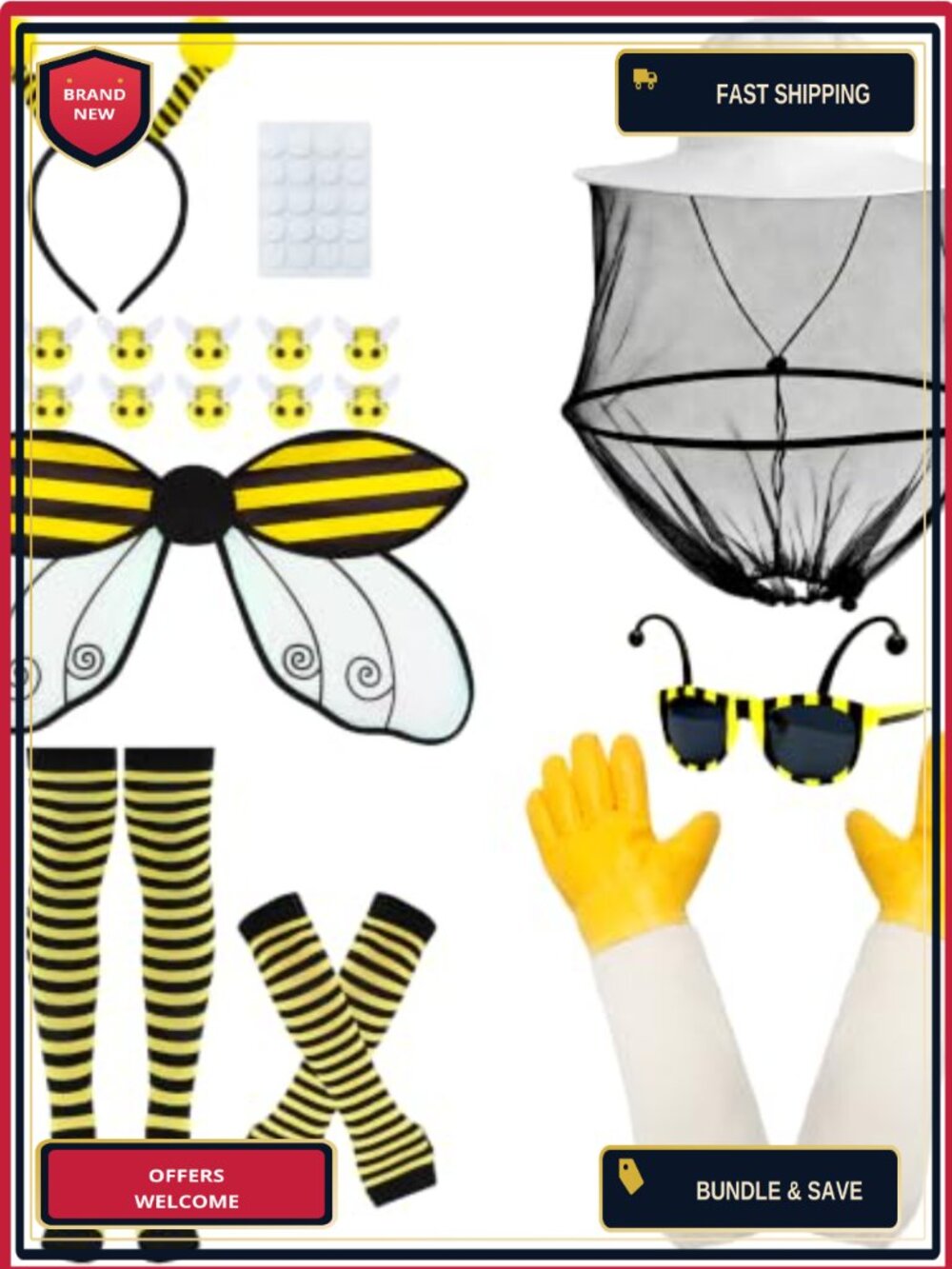 20pc Halloween Bee & Beekeeper Couple Costume Set Mesh Hat Gloves Wings